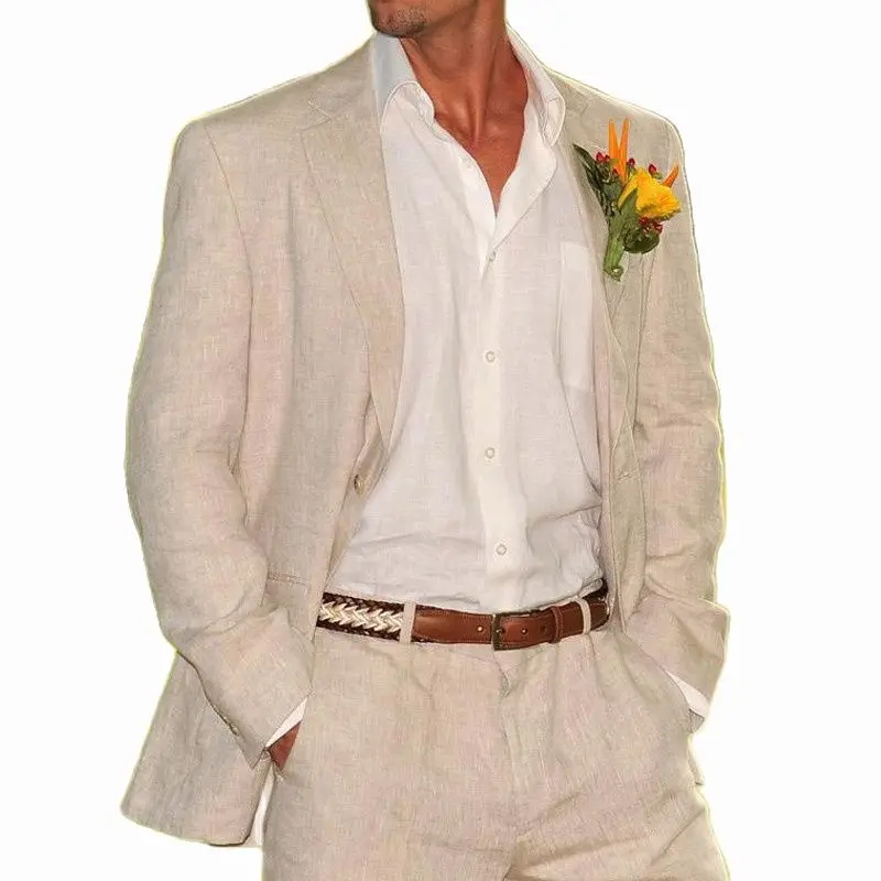 Beige Linen Men Suits 2 Pieces Beach Wedding Tuxedos Blazer+Pants